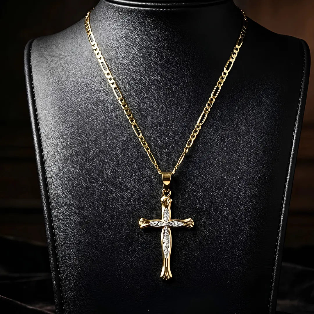 18K Gold Filled Pavé Cross Pendant Necklace – 30mm x 18mm Flared Cross with 58cm x 2mm Figaro Chain for Men & Women